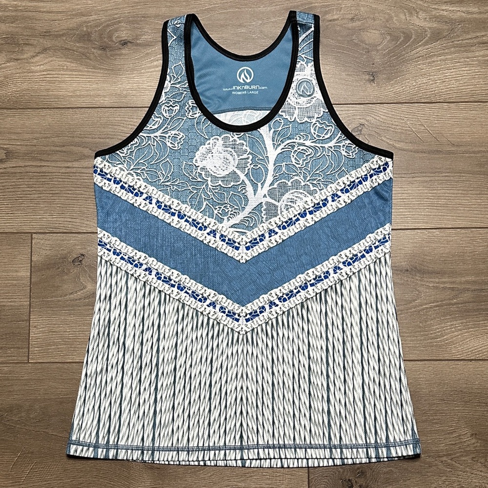 INKnBURN Boho Lace Singlet Running Training Tank White Blue Size Large‎